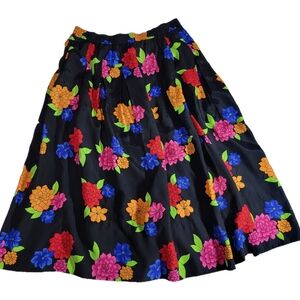 Vintage Claus Bright Neon Floral  Black Below the Knee Skirt Women's size 8